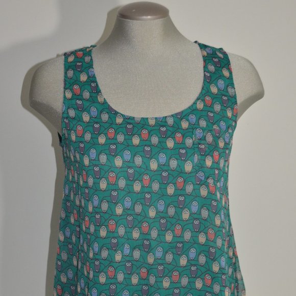 Blue Bird Sheer Green Owl Print Sheer Tank Pocket - Picture 2 of 10